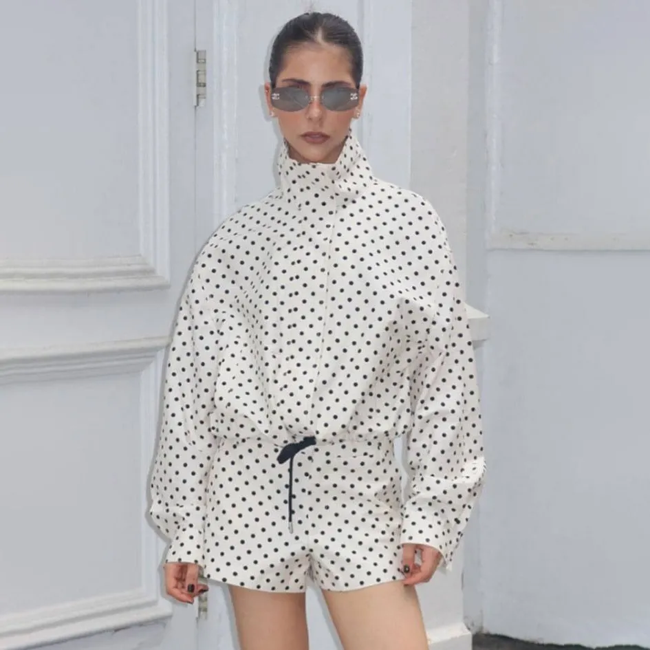 Women'S Fashion Casual Spring And Summer Polka Dot Print Long Sleeve Zipper Coat Shorts Two-Piece Set