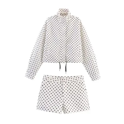Women'S Fashion Casual Spring And Summer Polka Dot Print Long Sleeve Zipper Coat Shorts Two-Piece Set
