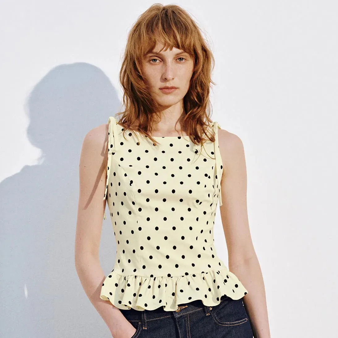 Women Fashion Sexy Summer Polka Dot Print Sleeveless Lace-Up Ruffled Camisole