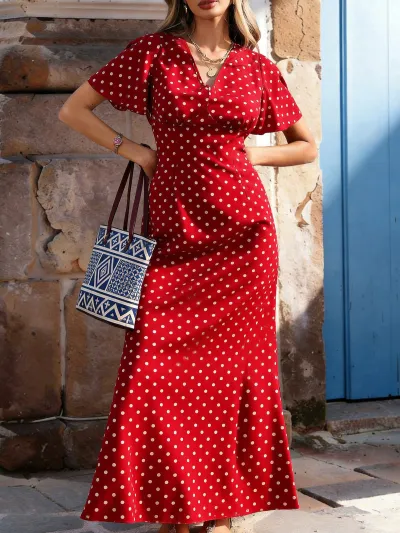 Women Fashion Casual Polka Dot Print V-Neck Short-Sleeve Slim Fit Dress