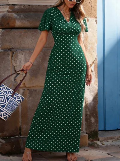 Women Fashion Casual Polka Dot Print V-Neck Short-Sleeve Slim Fit Dress