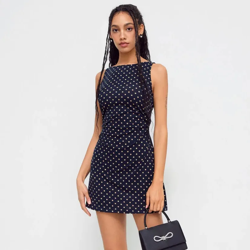 Women Fashion Elegant Polka Dot Print Sleeveless Tight Waist A- Line Dress