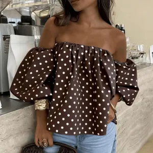 Women'S Fashion Sexy Polka Dot Print Off-The-Shoulder Puff Sleeve Blouse