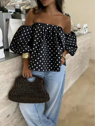 Women'S Fashion Sexy Polka Dot Print Off-The-Shoulder Puff Sleeve Blouse