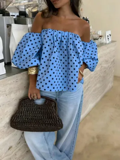 Women'S Fashion Sexy Polka Dot Print Off-The-Shoulder Puff Sleeve Blouse