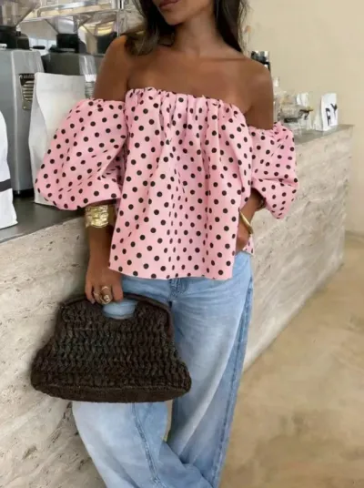 Women'S Fashion Sexy Polka Dot Print Off-The-Shoulder Puff Sleeve Blouse
