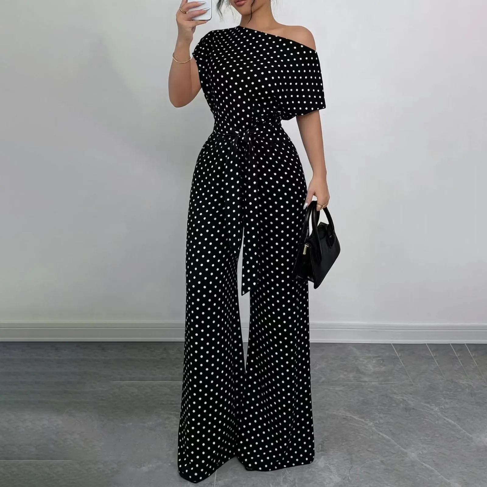 Women'S Fashion Casual Polka Dot Print Slant Collar Open-Shoulder Lace-Up Wide-Leg Jumpsuits