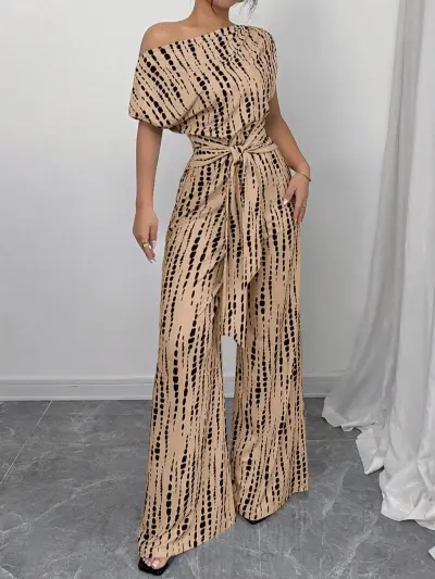 Women'S Fashion Casual Polka Dot Print Slant Collar Open-Shoulder Lace-Up Wide-Leg Jumpsuits