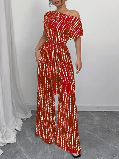 Women'S Fashion Casual Polka Dot Print Slant Collar Open-Shoulder Lace-Up Wide-Leg Jumpsuits