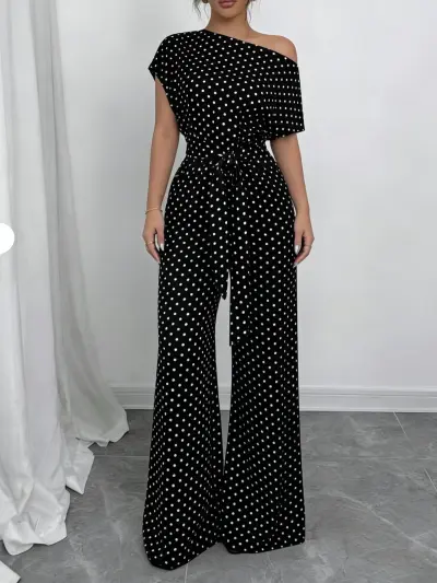 Women'S Fashion Casual Polka Dot Print Slant Collar Open-Shoulder Lace-Up Wide-Leg Jumpsuits