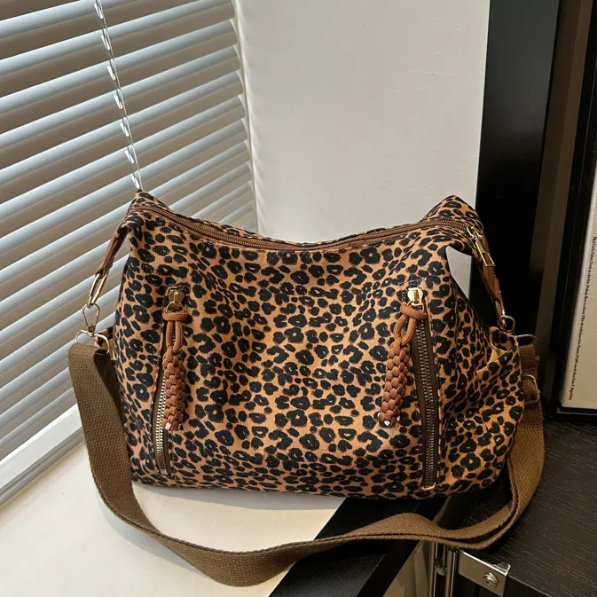 Women Fashion Leopard Canvas Large Capacity Crossbody Bag