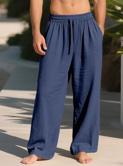 Men'S Fashion Casual Simple Autumn Solid Color Loose Quick-Drying Cotton Linen Straight Pants