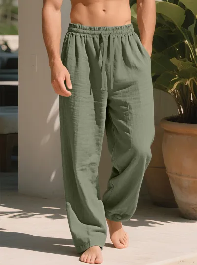 Men'S Fashion Casual Simple Autumn Solid Color Loose Quick-Drying Cotton Linen Straight Pants