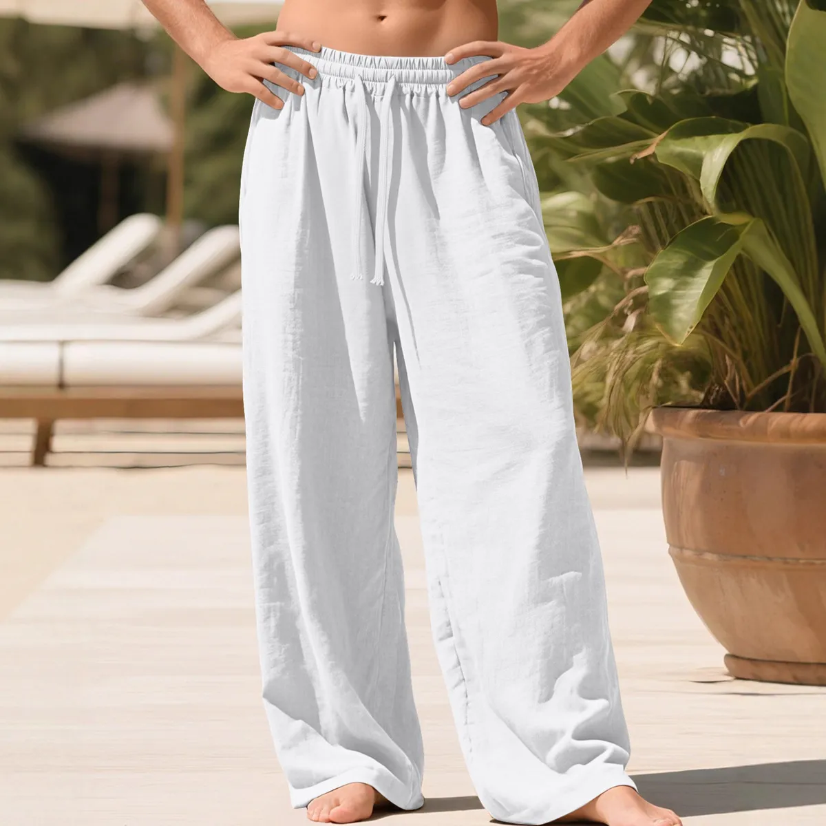 Men'S Fashion Casual Simple Autumn Solid Color Loose Quick-Drying Cotton Linen Straight Pants