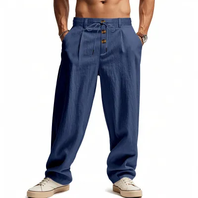 Men Fashion Casual Autumn Solid Color Cotton And Linen Breathable Loose Straight Quick-Drying Pants