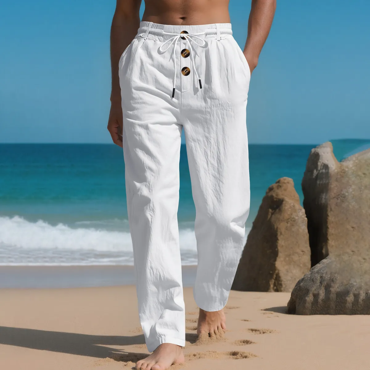 Men Fashion Casual Autumn Solid Color Cotton And Linen Breathable Loose Straight Quick-Drying Pants
