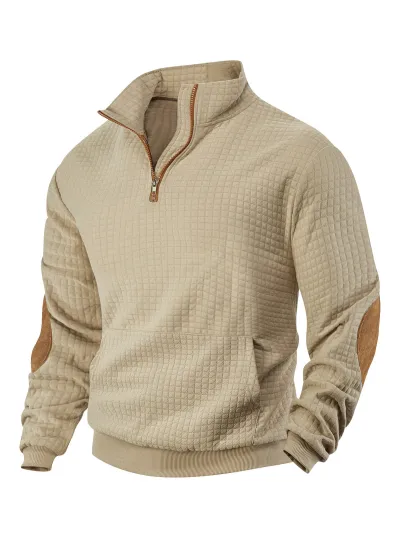 Men Fashion Casual Waffle Jacquard Square Collar Half Zipper Long-Sleeve Sweatshirt