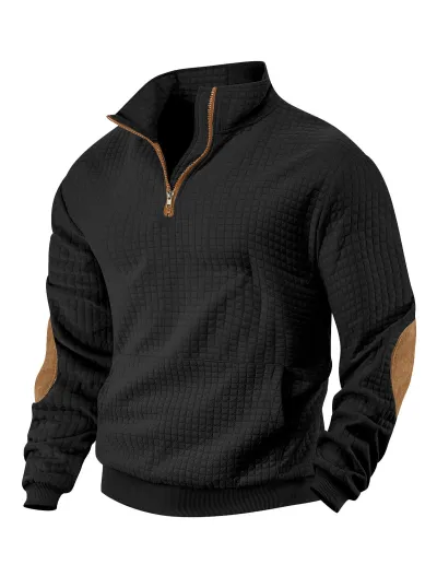 Men Fashion Casual Waffle Jacquard Square Collar Half Zipper Long-Sleeve Sweatshirt