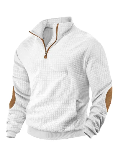 Men Fashion Casual Waffle Jacquard Square Collar Half Zipper Long-Sleeve Sweatshirt