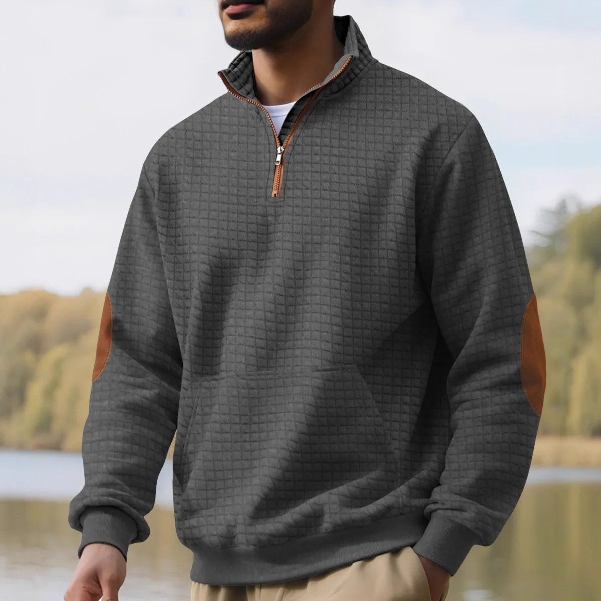 Men Fashion Casual Waffle Jacquard Square Collar Half Zipper Long-Sleeve Sweatshirt