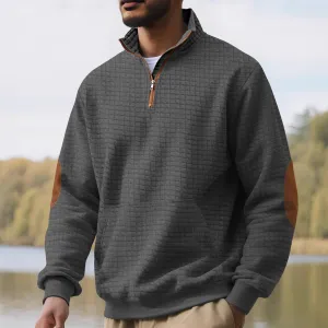 Men Fashion Casual Waffle Jacquard Square Collar Half Zipper Long-Sleeve Sweatshirt