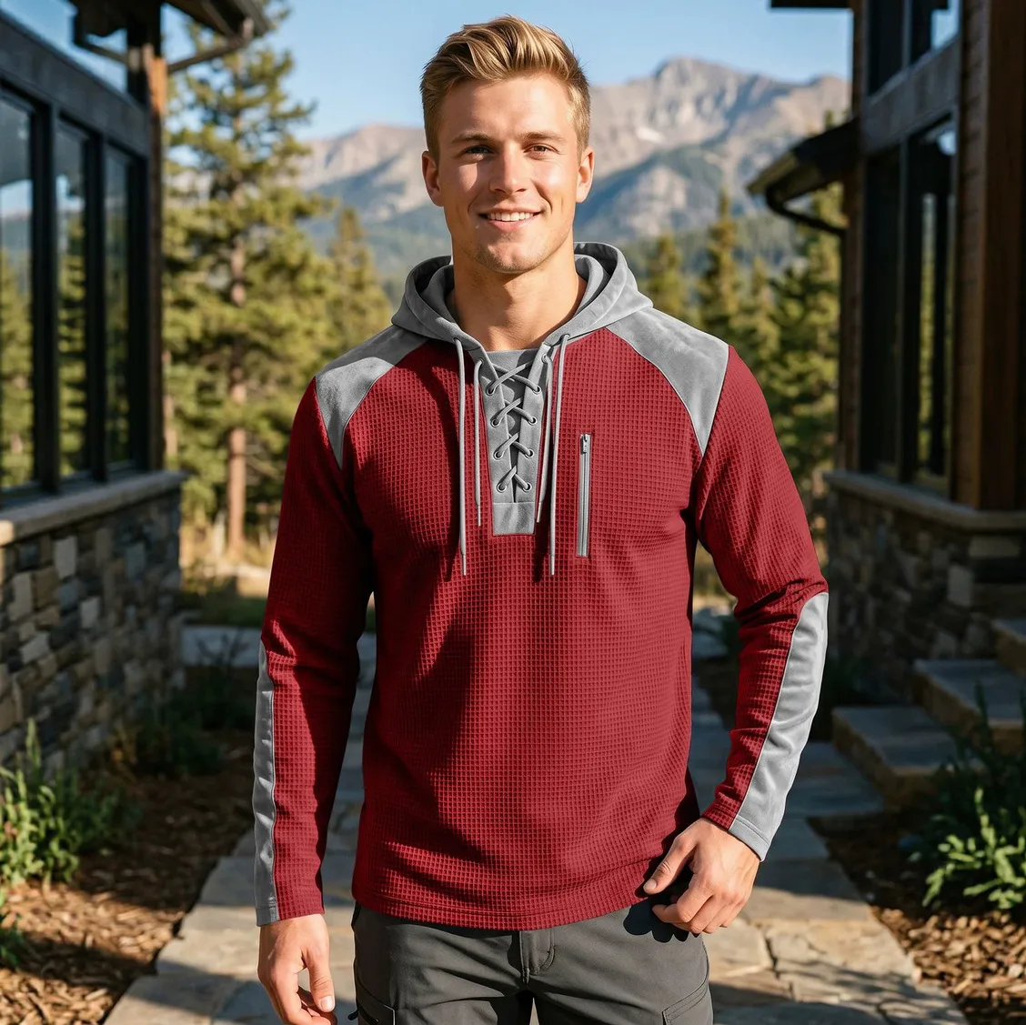 Men'S fashion casual Color-Block Waffley  autumn long-sleeve hoodies