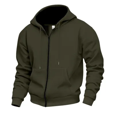 Men'S Fashion Casual Autumn And Winter Solid Color Fleece Warm Multi-Pocket Hoodies