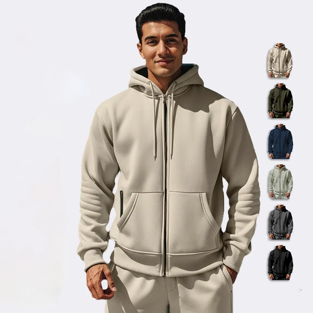 Men'S Fashion Casual Autumn And Winter Solid Color Fleece Warm Multi-Pocket Hoodies