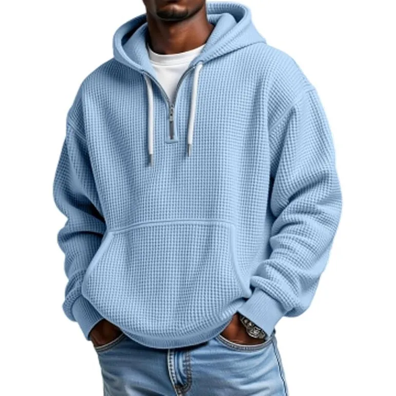 Men'S Fashion Casual Autumn And Winter Solid Color Waffle Long Sleeve Zipper Hoodies