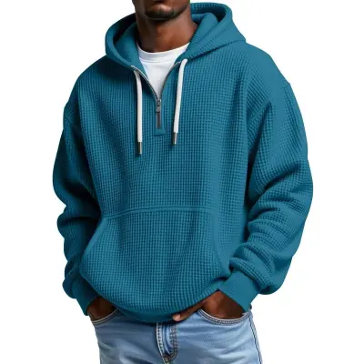 Men'S Fashion Casual Autumn And Winter Solid Color Waffle Long Sleeve Zipper Hoodies