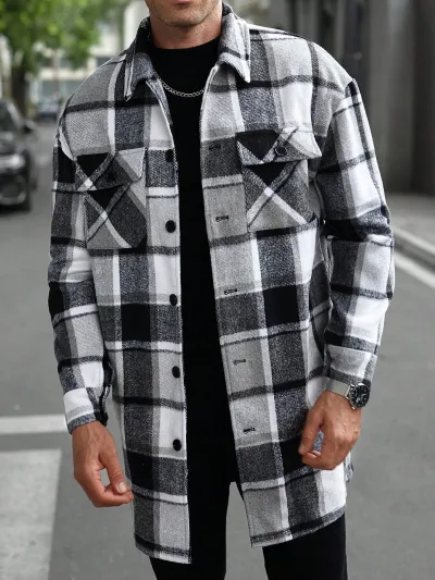 Men'S Fashion Casual Autumn Winter Plaid Button Double Pocket Lapel Long-Sleeve Coat