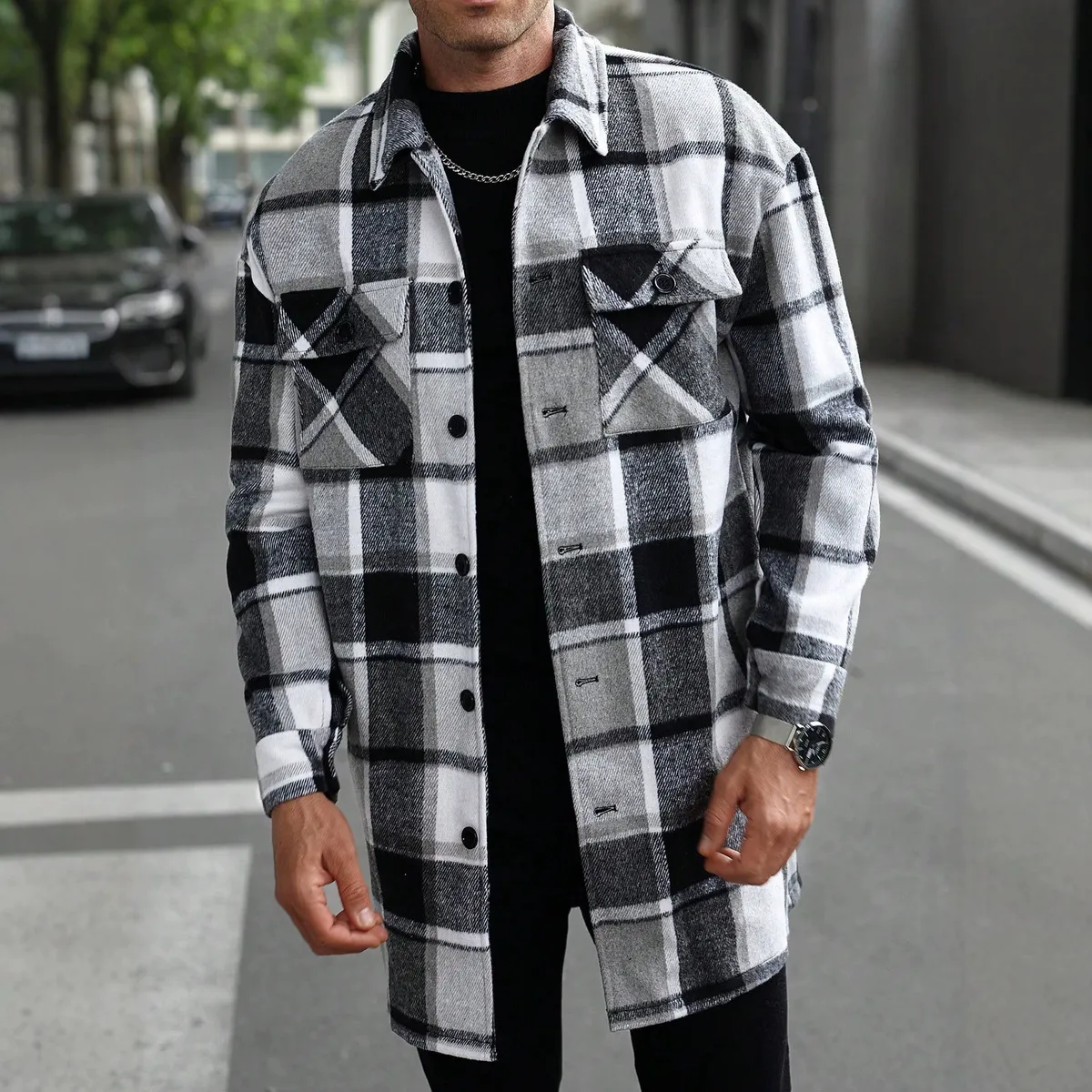 Men'S Fashion Casual Autumn Winter Plaid Button Double Pocket Lapel Long-Sleeve Coat