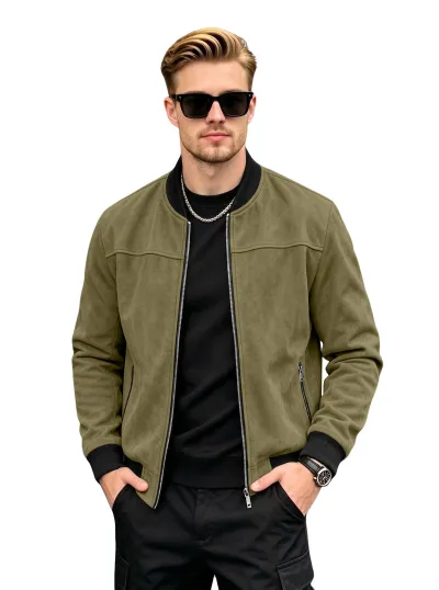 Men'S Fashion Spring And Autumn Solid Color Suede Long-Sleeve Jacket