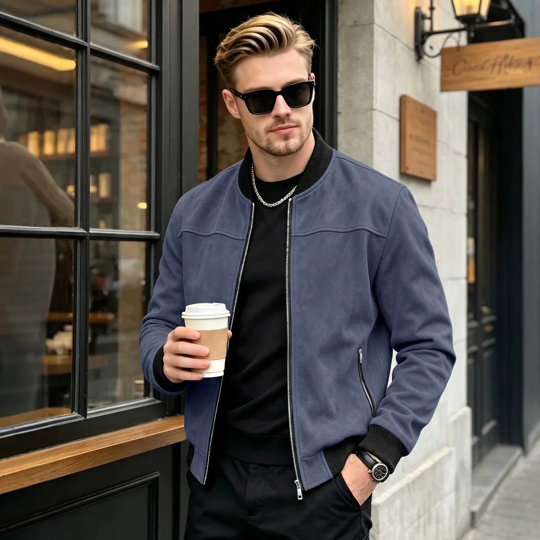 Men'S Fashion Spring And Autumn Solid Color Suede Long-Sleeve Jacket