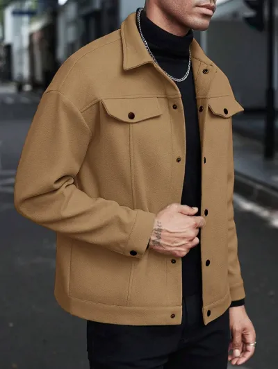 Men'S Fashion Casual Autumn And Winter Solid Color Woolen Lapel Long-Sleeve Coat