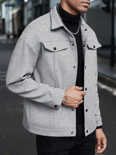 Men'S Fashion Casual Autumn And Winter Solid Color Woolen Lapel Long-Sleeve Coat
