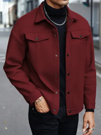 Men'S Fashion Casual Autumn And Winter Solid Color Woolen Lapel Long-Sleeve Coat