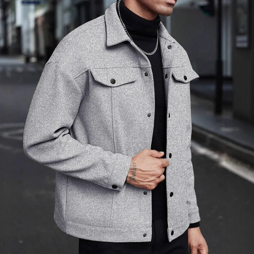 Men'S Fashion Casual Autumn And Winter Solid Color Woolen Lapel Long-Sleeve Coat