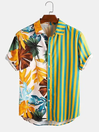 Mens Fashion Casual Summer Vacation Stripe Print Lapel Short Sleeve Shirt