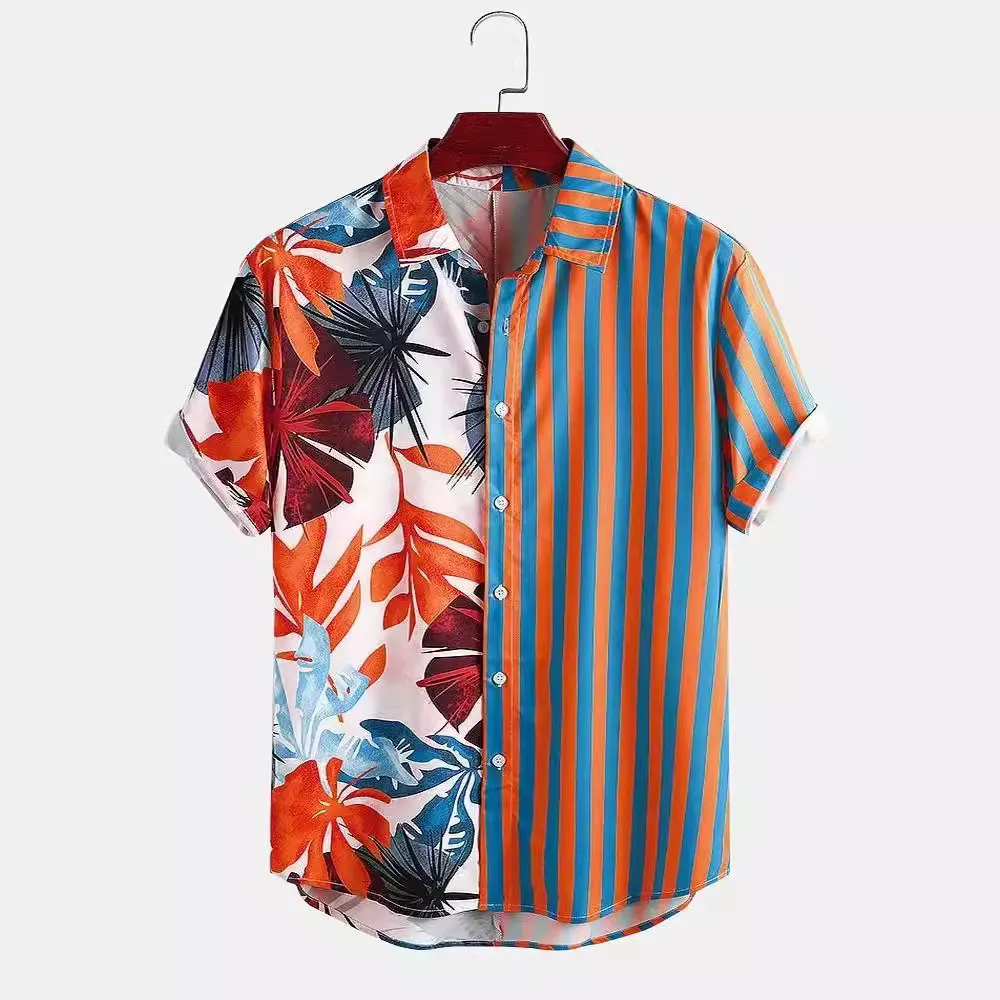 Mens Fashion Casual Summer Vacation Stripe Print Lapel Short Sleeve Shirt
