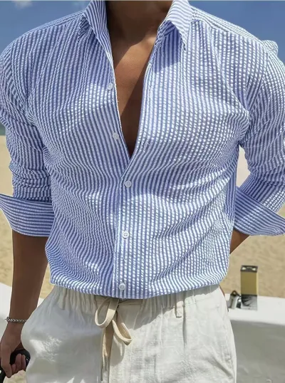Men Fashion Casual Stripe Lapel Long Sleeve Loose Shirt