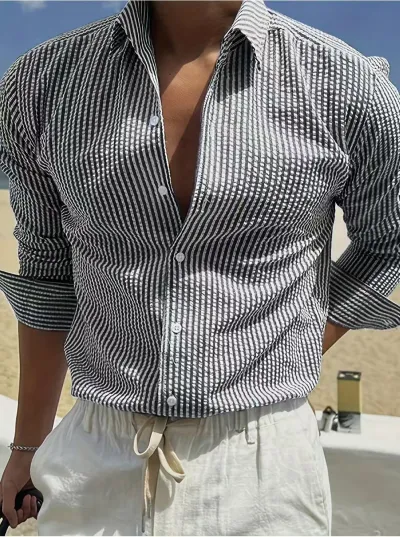 Men Fashion Casual Stripe Lapel Long Sleeve Loose Shirt