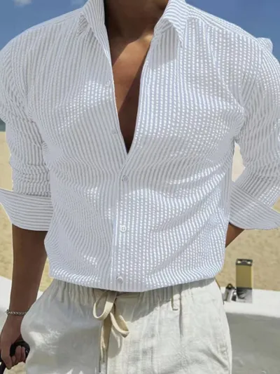 Men Fashion Casual Stripe Lapel Long Sleeve Loose Shirt