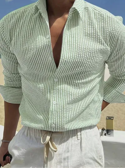 Men Fashion Casual Stripe Lapel Long Sleeve Loose Shirt