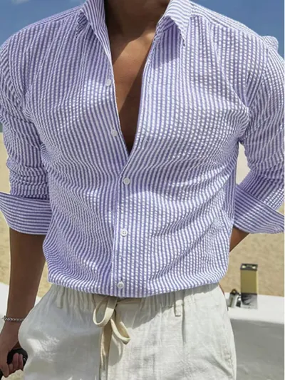 Men Fashion Casual Stripe Lapel Long Sleeve Loose Shirt