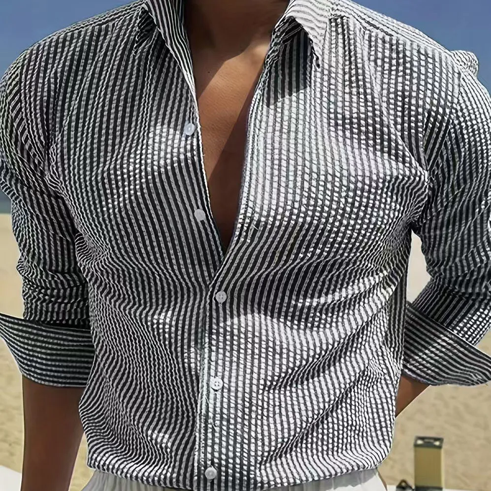 Men Fashion Casual Stripe Lapel Long Sleeve Loose Shirt