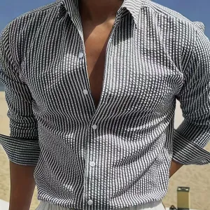 Men Fashion Casual Stripe Lapel Long Sleeve Loose Shirt