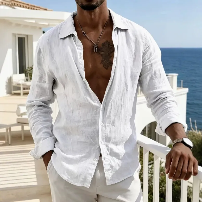 Men'S Fashion Casual Spring And Autumn Solid Color Cotton Linen Breathable Lapel Long Sleeve Shirt