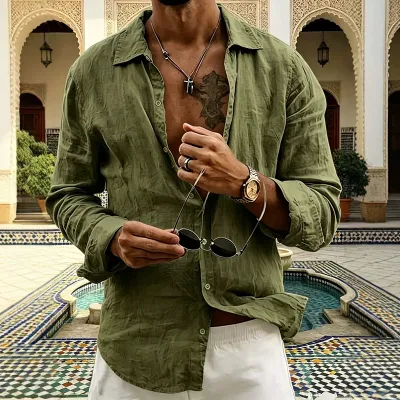 Men'S Fashion Casual Spring And Autumn Solid Color Cotton Linen Breathable Lapel Long Sleeve Shirt