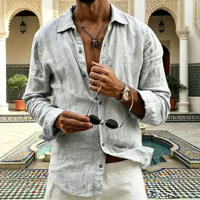 Men'S Fashion Casual Spring And Autumn Solid Color Cotton Linen Breathable Lapel Long Sleeve Shirt